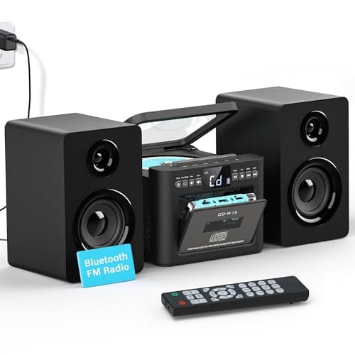 Image of Greadio Home Stereo System with Boombox CD Player and Cassette player, 40W Bookshelf Speakers with Bluetooth, FM Radio/USB/TF/AUX/Remote Control, Hi Fi Music System (Black)