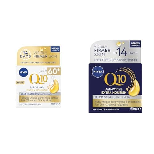 Image of NIVEA Q10 Power 60+ Skin Anti-Wrinkle + Replenishing Day Cream (50 ml), Powerful Anti Ageing Cream, Day Face Cream with SPF15 & Q10 Power 60 + Skin Anti-Wrinkle + Replenishing Night Cream (50 ml)