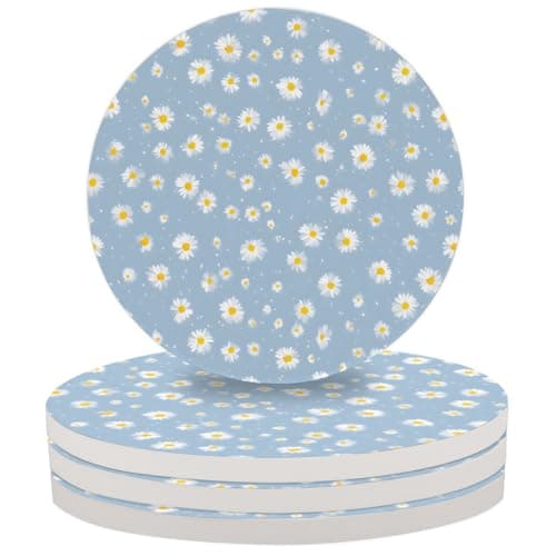 Image of Mintoprints Cute Daisy 4Pcs Coasters, White Flower Absorbent Ceramic Drink Coaster for Kinds of Cups, Coffee Table, Home Decor, 4 Inches