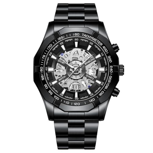Image of JewelryWe Men's Skeleton Quartz Watch: Black Simulated Mechanica Luminous Hands Analog Stainless Steel Waterproof Tachymeter Bezel Date Function Wristwatch