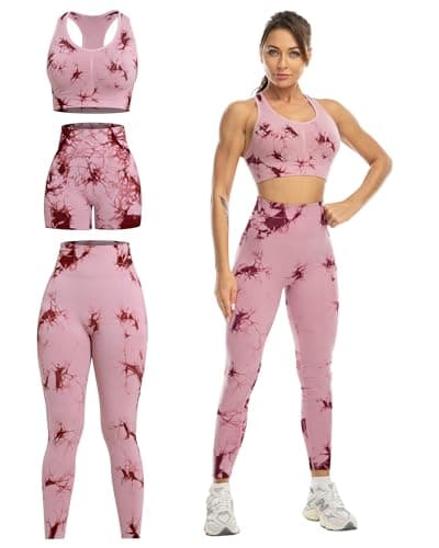 Image of SALSPOR 3 Piece Workout Sets, Gym Clothes for Women, Butt Lifting Leggings with High Impact Sports Bra Gym Shorts Activewear Matching Set, Tie Dye Burgundy, XXL