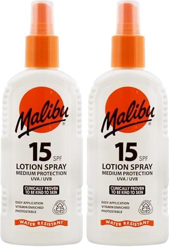 Image of Malibu Sun SPF 15 Lotion Spray, Medium Protection Sun Cream, Water Resistant, Vitamin Enriched, 200ml (Pack of 2)