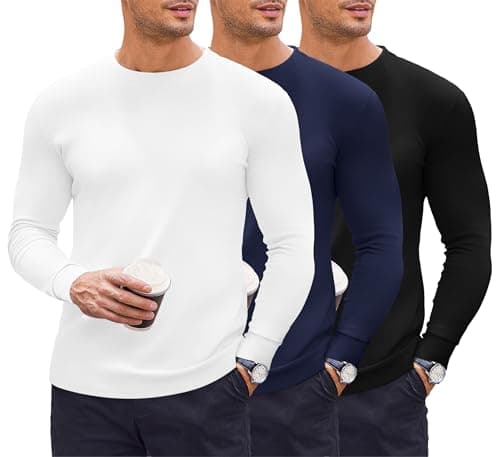 Image of Ekouaer Pack of 3 Mens Thermal T-Shirt Underwear Baselayer Shirt Long Sleeve Crew Neck Winter Warm Undershirt Vest Top Black+White+Navy XXL