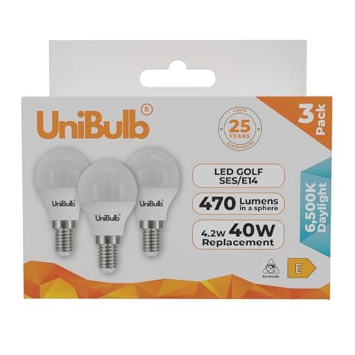 Image of Unibulb E14 Energy Saving LED Light Bulb, Small Edison Screw (SES), 4.2W, 470lm, 40W Equivalent, Daylight 6500K, Golf Ball Bulb, P45, 220-240V, Non-Dimmable, 25,000hr lifespan, Pack of 3