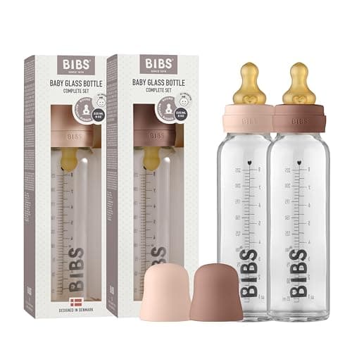 Image of BIBS Baby Glass Bottle 2-Pack 225ml. Anti-Colic. Vented Round Natural Rubber Latex Teat. Supports Natural Breastfeeding, Complete Set - 225 ml (Pack of 2), Blush/Woodchuck
