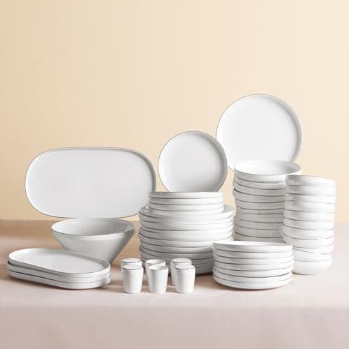 Image of Karaca Streamline New Saturn 59-Piece New Generation Bone China Dinner Set for 12 People, Dinner Plates, Pasta Bowls, Side Plates, Soup Bowls, Serving Platters, Salad Bowl, Shakers, White Platinum