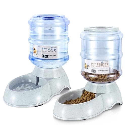 Image of Flexzion Gravity Pet Food Water Feeder Dispenser Bundle Set (Large) for Dogs Cats Automatic Replenish Waterer Dry Food Storage Container Bowl, Small Medium Dog Cat Feeding Watering Fountain Supplies