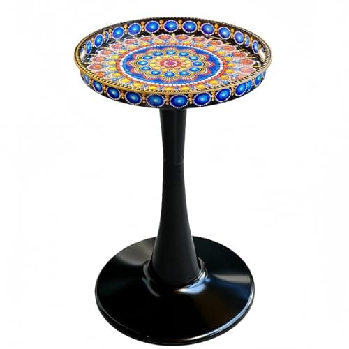 Image of Simmer Stone Chic Round Side Table - 13" Artistic Patterned Drink Table with Glossy Tray Top, Unique Hourglass Pedestal Base, Durable Plastic End Table & Living Room, Bedroom (Peacock)