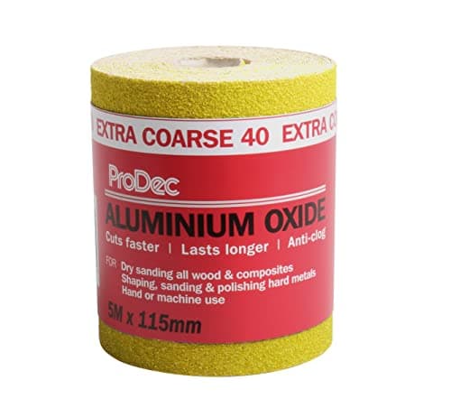Image of ProDec 5m Roll 40 Grit Extra Coarse Grade Yellow Aluminium Oxide Abrasive Sanding Paper for Sanding Wood, Paint, Plaster, Filler, Metal and More, 115mm Wide Sandpaper Compatible with Machine Sanders