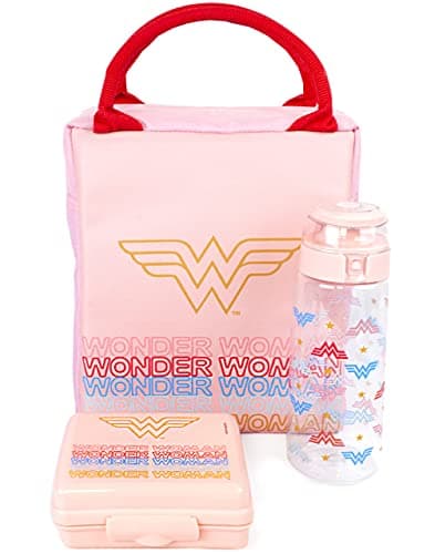 Image of DC Comics Wonder Woman Lunch Bag | Rectangular Tote Style 3 Piece Set with Water Bottle & Snack Container | Embrace Superhero Power | Pink Shield Design for Adults & Kids | Wonder Durable Material