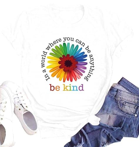Image of SUWATOIN Be Kind Shirt for Women Casual Inspirational T-Shirt Flower Letter Print Tee Tops White