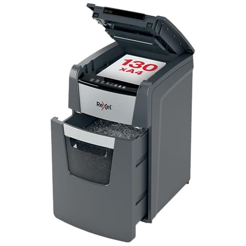 Image of Rexel Optimum Auto Feed+ 130 Sheet Automatic Cross Cut Paper Shredder, P-4 Security, Small Office Use, 44 Litre Removable Bin, 2020130X,Black
