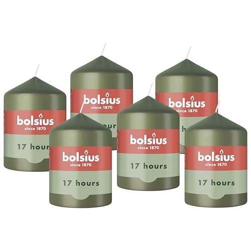 Image of Bolsius - Essentials - Pillar Candle - Olive Green - 3,1” - Length Burning Time 17 Hours - Unscented - Natural Plant Wax - Without Palm Oil