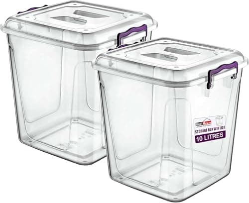 Image of Best House 10 Litres Deep Clear Storage Box Container with Lid Square and Handles, Stackable Organizer Bin for Home, Kitchen, Garage, and Store Cloths, Boots, Toys, Food, and Accessories (Pack of 2)