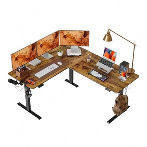 Image of FEZIBO L Shaped Electric Standing Desk, 160 * 140 cm Adjustable Height Stand Up Table with Single Motor, for Home Office with Rustic Brown Top