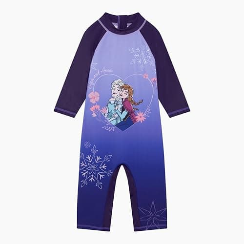 Image of Disney Frozen Official Girl's Swimsuit, One Piece Swimming Costume Sun Suit Featuring Anna and Elsa, Purple, Age 2-3 Years