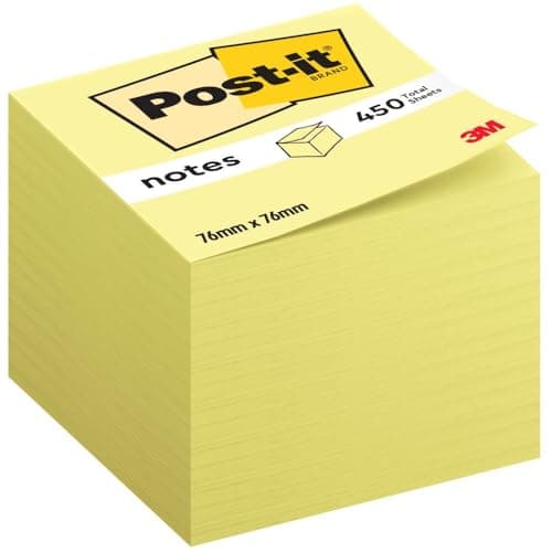 Image of Post-it Sticky Notes Cube Canary Yellow, Pack of 1 Pad, of 450 Sheets, 76 mm x 76 mm - Self-Stick Notes for Note Taking, to Do Lists & Reminders