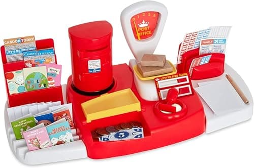 Image of Casdon Post Office Set. Realistic Postal Counter Playset. Includes Weighing Scales, Play Money, Stamp and More. for Ages 3+
