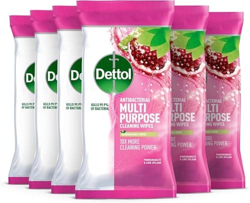 Image of Dettol Antibacterial Multi-Surface Cleaning Wipes, Pomegranate & Lime Scent, 105 Count (Pack Of 6) - Fresh Household Disinfectant For Kitchen, Bathroom, And More