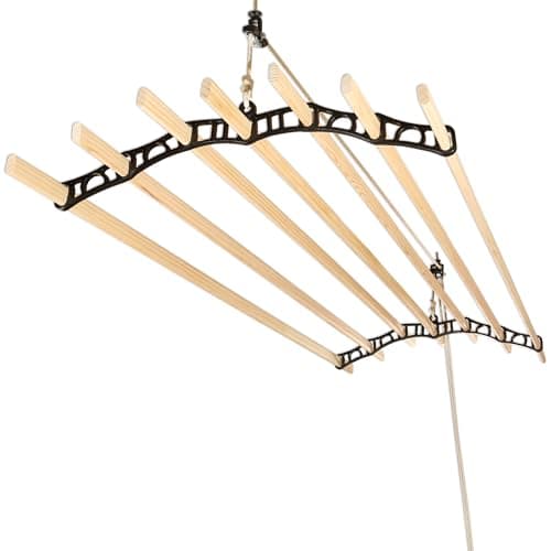 Image of LOWENERGY 7 Lath Pulley Clothes Airer Ceiling Maid – Traditional Victorian Laundry Rack Dryer for Kitchen, Utility, Bathroom or Garage (Black 2.4M)
