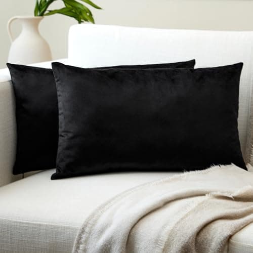 Image of Encasa XO Velvet Cushion Covers (30x50 cm) Set of 02 | Black | Luxurious Square Velvet Throw Pillow Covers With Invisible Zippers | Living Room, Sofa, Chair