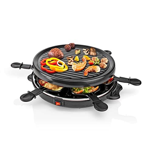 Image of Ex-Pro Electric Raclette Gourmet Grill, 6 Person Indoor Non-Stick Tabletop Cooker, Removable Round Hot Plate, with 6 x Mini Cheese Pans & Spatulas, 800W