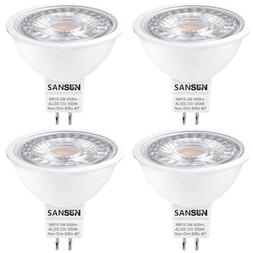 Image of SANSUN MR16 GU5.3 LED Light Bulbs - 50W Equivalent Halogen Bulbs, Warm White 3000K 12V 5W LED Spotlight Light, Non-Dimmable, Pack of 4