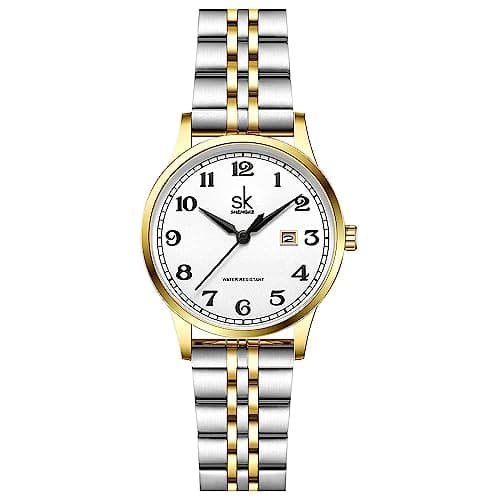 Image of SHENGKE SK Classic Business Women Watches with Stainless Steel Band and Genuine Leather Elegant Ladies Calendar Watch (Silver-Gold)