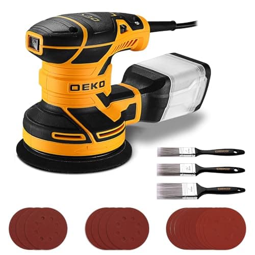 Image of Electric Orbital Sander for Wood: DEKOPRO Sanding Machine with Dust Collector,16Pcs Sandpapers, 6 Variable Speed 14000RPM, 125MM Hand Tool, 3*Flat Paint Brushes,Fit for Woodworking/Sanding(Yellow)