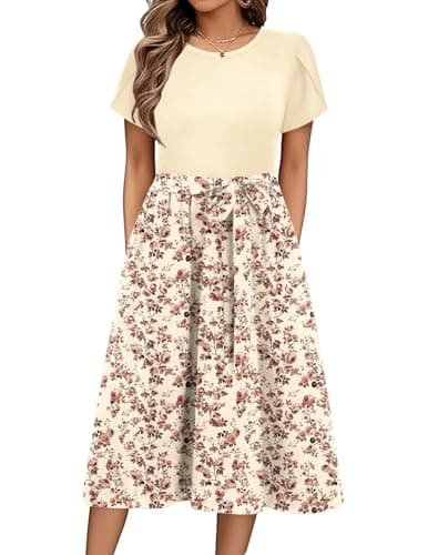 Image of Zeagoo Women's Summer Dress Crewneck A Line Short Sleeve Print Midi Dresses Ladies Casual Floral Dress with Belt Yellow A XXL
