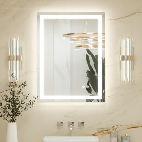 Image of Keonjinn 60x80cm Bathroom Mirror with Led Lights, Antifog Vanity Mirror Back and Frontlit 3 Colour Dimmable Illuminated Wall Mounted Rectangle Mirrors