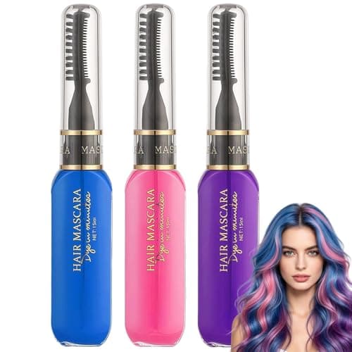 Image of Temporary Hair Dye & Colour Spray Set - 3PCS Wash Out Hair Dye with Mascara & Hairspray - Washable in Blue, Purple, Pink for Parties & Play