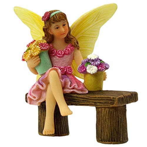 Image of PRETMANNS Fairy Garden Fairy – Adorable Accessory for Indoor or Outdoor Miniature Garden – Small Figurine Isabella Sitting on a Bench – 1 Item