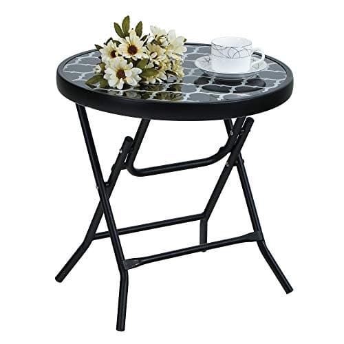 Image of PHI VILLA Folding Side Table, Foldable Coffee Table, Outdoor Garden Table, Small Round Patio Table - Black Grid
