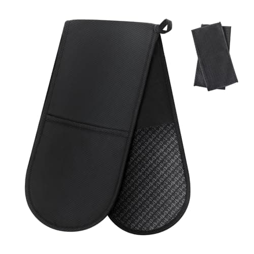 Image of Philorn Black Double Oven Mitts，Heat Resistant 260℃ Waterproof Silicone Glove Kitchen Gloves Oven Extra Long Oven Mitts with Non-Slip Silicone Surface for Baking, Cooking, BBQ