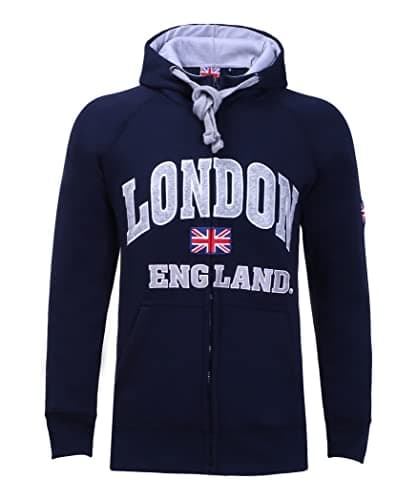 Image of Itzu Men's London England Hoodie Full Zip Up Top Cotton Union Jack Jumper (Navy Blue - Small)