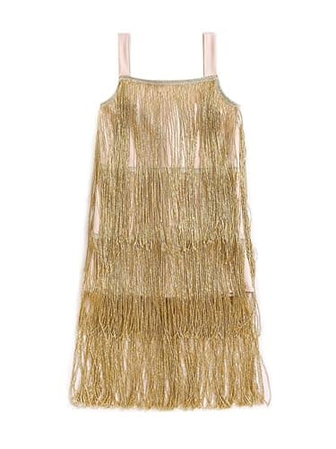 Image of Acrawnni Little Kids Girls Sparkly Tassels Dress Sleeveless Square Neck Sequin Fringe Layer Zip Back Party Latin Dance Dress (A-Gold, 8-9 Years)