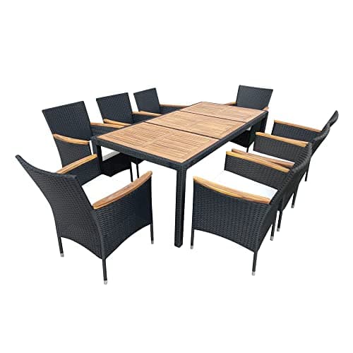Image of Panana 8 Seater Rattan Dining Set, Garden Table & Stackable Chairs with Acacia Wood Table Top & Cushions, All-Weather Patio Furniture for Conservatory Outdoor