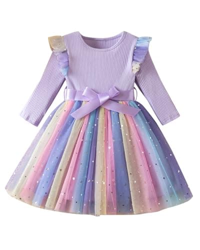 Image of JiAmy Rainbow Dresses for Girls Ruffle Long Sleeves Dress Kids Sequins Ribbed Knit Tulle Skirt with Belt Party Birthday Dress for 4-5 Years, Purple