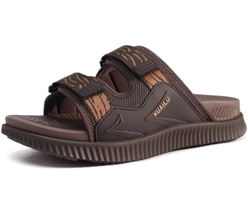 Image of KuaiLu Mens Walking Slide Sandals Orthotic Athletic Thick Cushion Recovery Sport Sandles Adjustable Strap Open Toe Slip On Yoga Mat With Comfortable Plantar Fasciitis Arch Support Brown Size 12