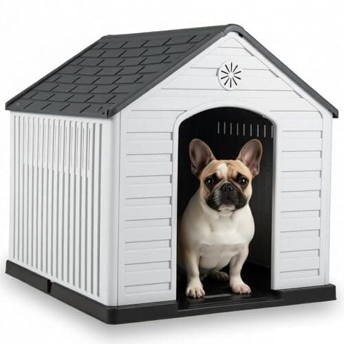 Image of Maxmass Plastic Dog House, Weather-Resistant Dog Kennel with Roof, Elevated Floor, Air Vents, Indoor Outdoor Pet House Waterproof Pet Cage Large Pet Shelter for Dogs Cats Rabbits (Grey+White)