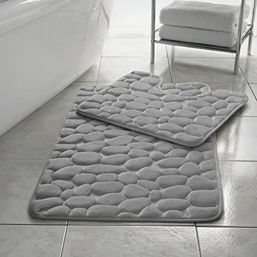 Image of EXQUIZIT HOME® Luxury Memory Foam Bath Mat Set 2 Piece – Non Slip Pebble Bathroom Rug & Pedestal Mat, Quick Dry Ultra Absorbent Soft Cushioned Mats 100% Polyester (Silver)