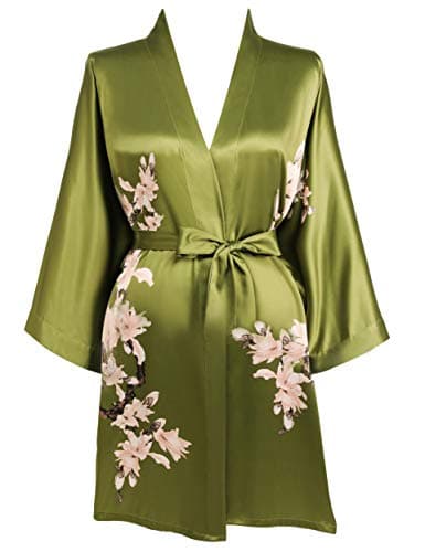 Image of BABEYOND Satin Kimono Dressing Gown Short Floral Printed Kimono Robe Long Knee Length Kimono Dress Cover Up for Women Wedding Pyjamas Party (Green)