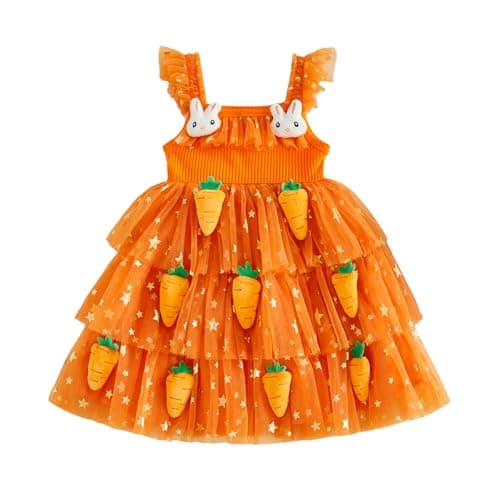 Image of Edhomenn Baby Girls Summer Outfit Flying Sleeve Square Neck 3D Butterfly Tulle Dress Newborn Infant Girls Princess Dress (100 Orange, 12-18 Months)