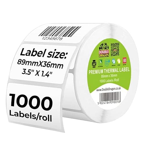 Image of Double Dragon, 1,000 Direct Thermal Labels, 89mm x 36mm, Premium Coated, Self-Adhesive White Stickers, for Zebra, MUNBYN, Toshiba, Citizen, Eltron Printers and More
