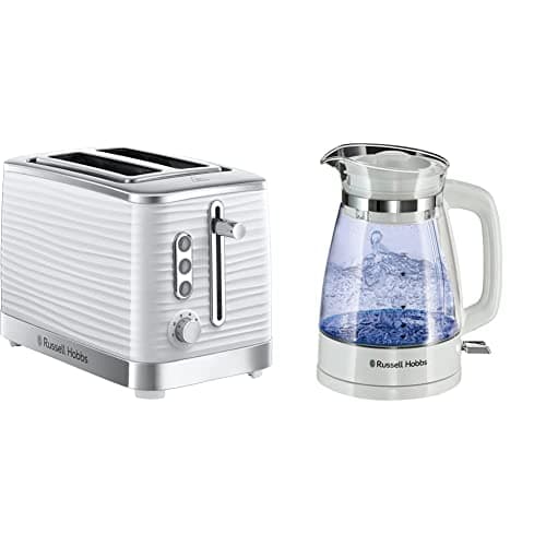 Image of Russell Hobbs 24370 White Inspire High Gloss Plastic Two Slice Toaster & 26081 Classic Glass Kettle White