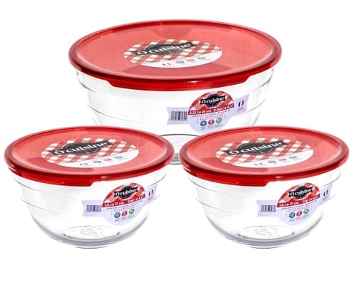 Image of Ôcuisine® Glass Round Mixing Bowl Set of 3 with Red Lids - 2 x 1L & 2L | Extreme Resistance | Oven Safe - Freezer Safe - Microwave Safe | Borosilicate Glass | Made in France