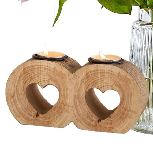 Image of Wooden Heart Candle Holder - Wood Double Heart Design Rustic Style | Tea Light Stand, Romantic Decorative Centerpiece, For Couples And Family