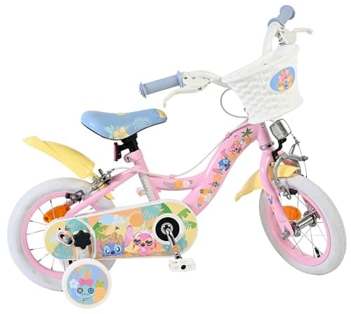 Image of Volare Disney Stitch Pink Bike | Ideal for Ages 3-5 | 12 Inch Wheel | 2 Handbrakes (Front & Back Wheel), Removable Stabilisers, Chain Guard & Pedal Reflectors | Adjustable Saddle Height