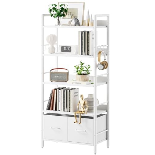 Image of Aibiju Shelf Bookcase, 5 Tier Bookshelves With 2 Fabric Cloth Drawers, Free Standing Storage Shelving Unit for Bedroom, Living Room and Office, Bookshelf White YD-BC002W